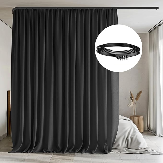 MaKefeile Room Divider Curtains with Flexible Ceiling Tracks Set,Blackout Curtain Ceiling Mount Curtain Track Privacy Room Dividers Ceiling Track Curtain Rod(Black Drape & Black Rail W 8.3 × H 9 FT)