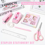 COMFYROOM Pink Desk Accessories with Pen Holder, Pink Office Supplies Desk Organizers and Accessories for women, Tape Dispenser, Stapler, Staple Remover, Staples, Clips Set, Ruler, Scissor, Pen, Tape