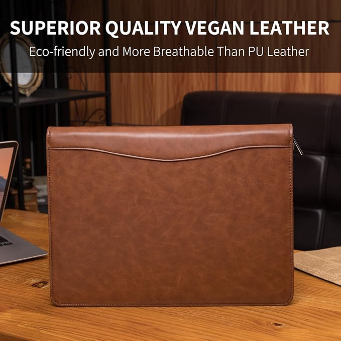 Geslun Personalized Vegan Leather Portfolio, Legal Size 8.5 x 14 Pad Holder, Custom Business Padfolio for Men Women, Zippered 14" Laptop Organizer, Professional Notepad Folio, Brown