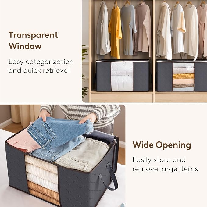 Lifewit Large Capacity Clothes Storage Bag Organizer with Reinforced Handle Thick Fabric for Comforters, Blankets, Bedding, Foldable with Sturdy Zipper, Clear Window, 24 Pack, 90L, Grey