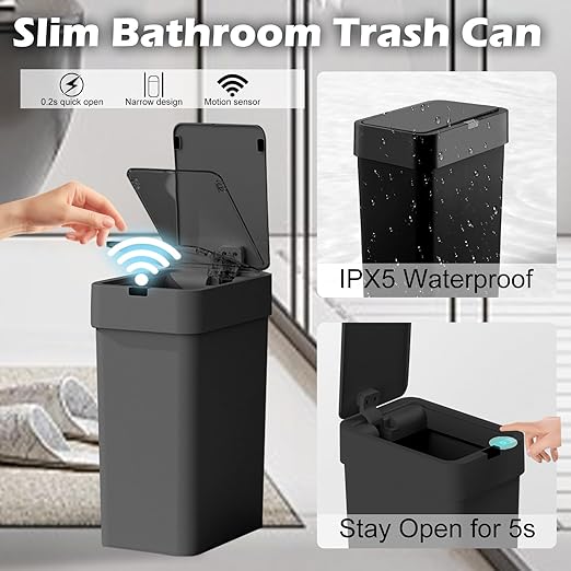 ELPHECO Bathroom Trash Can with Lid, 2 Pack Automatic Garbage Can, 2.5 Gallon + 4 Gallon Motion Sensor Smart Bathroom Decor, Slim Waterproof Trash Bins for Bedroom, Office, Living Room, Black