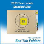 2025 Year Labels, Doctor Stuff 2025 Chart Stickers, Fluorescent Yellow Color Coded, USA Made Year Stickers for End Tab File Folders, 500 Labels/Roll in a Dispenser Box, 3/4" x 1-1/2"