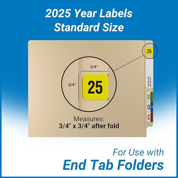 2025 Year Labels, Doctor Stuff 2025 Chart Stickers, Fluorescent Yellow Color Coded, USA Made Year Stickers for End Tab File Folders, 500 Labels/Roll in a Dispenser Box, 3/4" x 1-1/2"