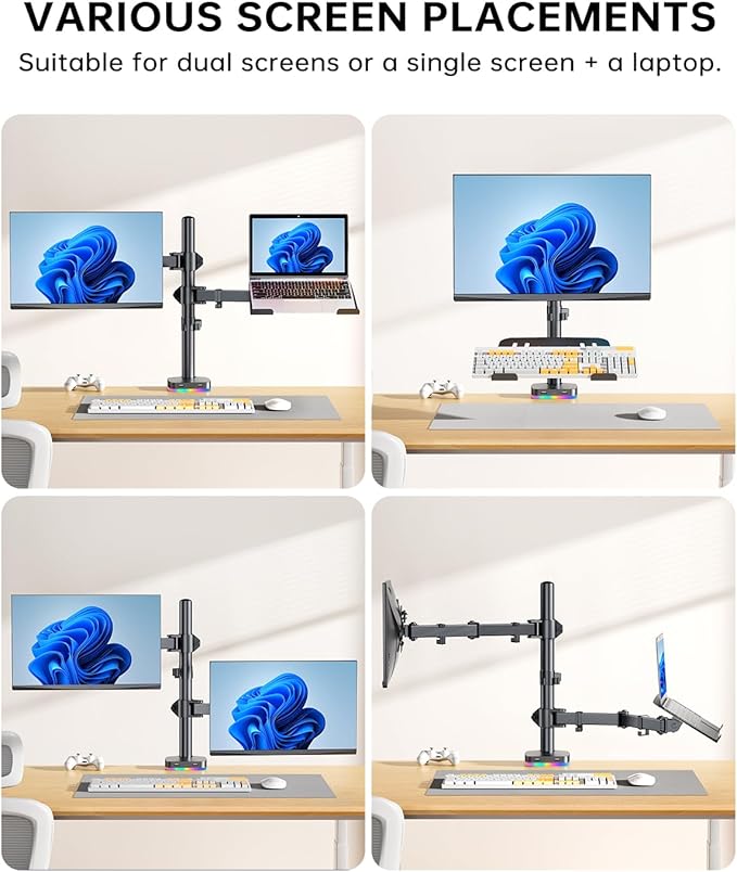 RGB Monitor and Laptop Mount Stand with 3 USB Ports, Charging and USB Data Transfer, Adjustable laptop stand for 13" to 32" Screen and 11"-17” Laptop, Holds 18lbs/Arm, 75x75/100x100 VESA, C-Clamp