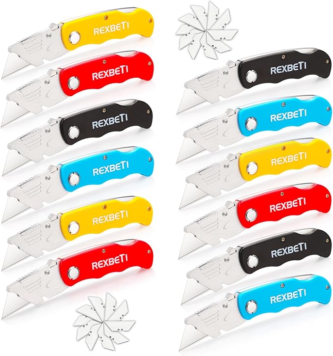 REXBETI Folding Pocket Utility Knife Quick-change SK5 Box Cutter for Cartons, Cardboard and Boxes, Back-lock Mechanism with 10 Extra Blades (12 folding utility knife)