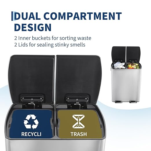 GarveeHome Commercial Dual Trash Can, 16 Gallon Stainless Steel Double Compartment Recycling Bin with Soft-Close Lids, Pedals & Plastic Inner Buckets, 60L Garbage Can for Kitchen, Home, Office, Silver