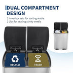 GarveeHome Commercial Dual Trash Can, 16 Gallon Stainless Steel Double Compartment Recycling Bin with Soft-Close Lids, Pedals & Plastic Inner Buckets, 60L Garbage Can for Kitchen, Home, Office, Silver