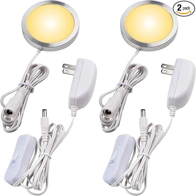 Lvyinyin Single LED Kitchen Under Cabinet Puck Light, 120V Direct Wall Plug in Closet Cupboard Night Light, Easy to Mount, Inline On Off Switch, White Wires, 2 Packs, Warm White