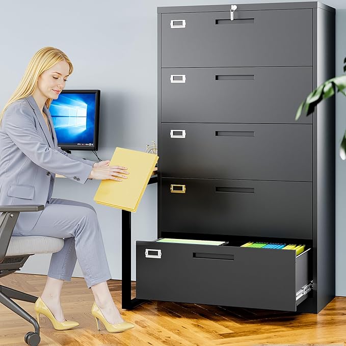 AFAIF 5 Drawer File Cabinets for Home Office, Metal Filing Cabinet with Lock, Black Locking File Caninet Five Drawer, Office Storage Caninets Steel Cabnet for Letter/Legal/A4/F4-Assembly Required