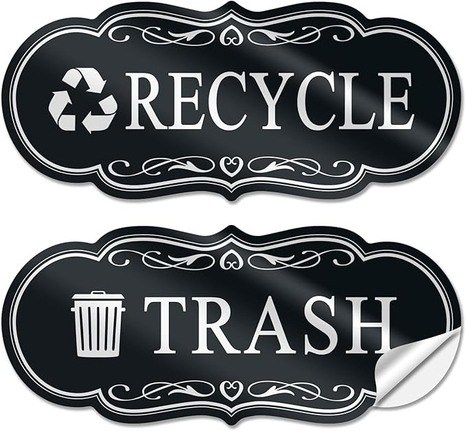 ASAVI Trash & Recycle Stickers – 2-Pack Self-Adhesive Vinyl Labels, Waterproof & Durable (Black, Medium 6.3 x 2.7 inches)