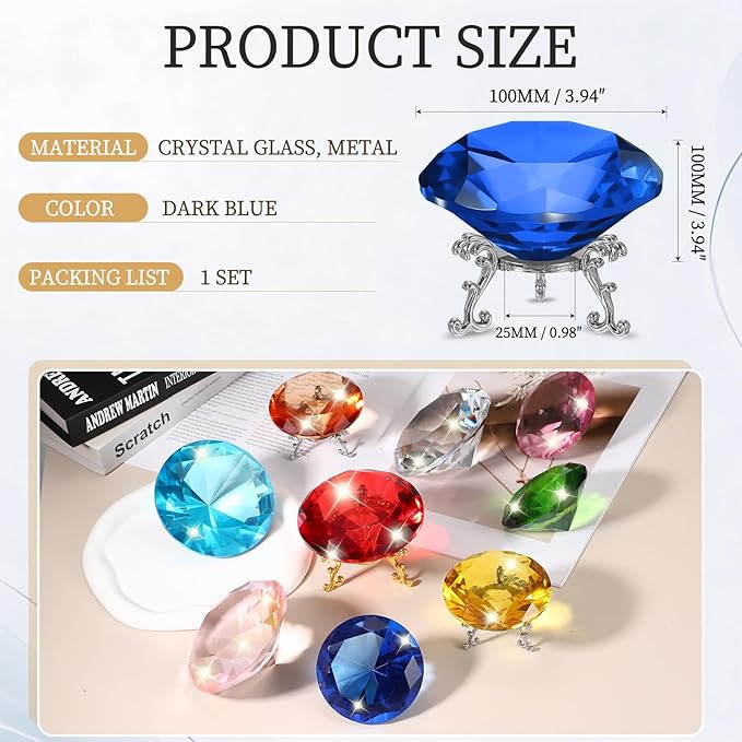 PATIKIL Diamond Crystal Paperweight, 100mm / 3.94" Crystal Paperweight Paper Weight with Silver 25 Metal Base for Home Office Desktop Table Decor Wedding Party Ornaments, Dark Blue