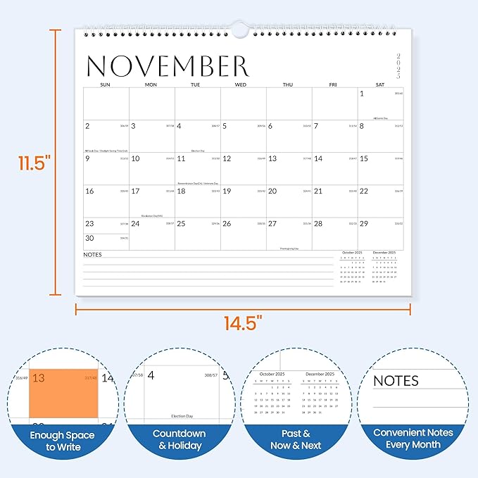 SUNEE Wall Calendar 2026 18 Months Oct. 2025 - Mar. 2027, 14.5"x11.5" Big Grid Hanging Calendar with Note for Organizing & Planning, Monthly Calendar 2025-2026 with Last Month and Next Month, White