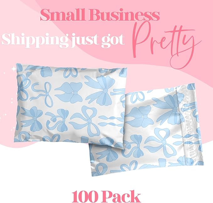 Pretty Package Store 14.5x19 Designer Poly Mailer 100 Pack Heavy Duty Waterproof Self Seal Shipping Bags for Small Business Large Mailing Envelopes Bulk Tear Resistant Packaging Blue Bows
