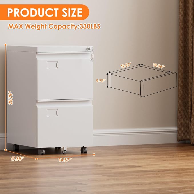 SUXXAN 2 Drawers Mobile File Cabinet, Metal Under Desk Cabinet with Lock, for Office & Home, Legal/Letter Size, W14.57”x D17.36”x H25.79”, Assembly Required(White)