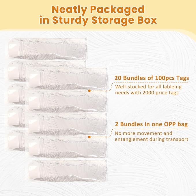 2000 PCS White Price Tags, 1.75 x 1.1 Inches, Goefun Gift Tags with String Attached for Labeling, Hanging, Clothing, Jewelry, Garage/Yard Sale, Inventory, 250 GSM