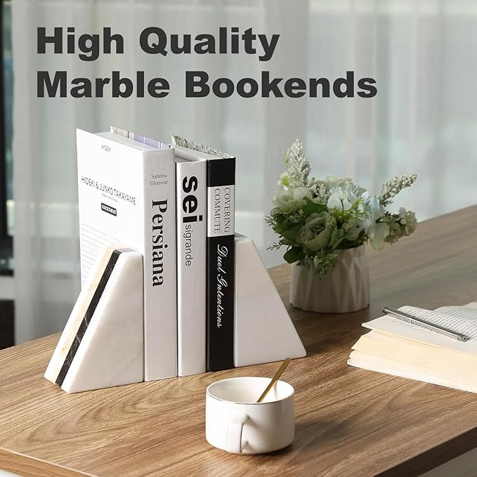 Karibiber Marble Book Ends, Non-Skid Bookends for Shelves, Composite Bookend with Natural Marble, Heavy Duty Book Stopper, Collected CDs and Oversized Books Organizer, Gold & Black Decorative Bookends