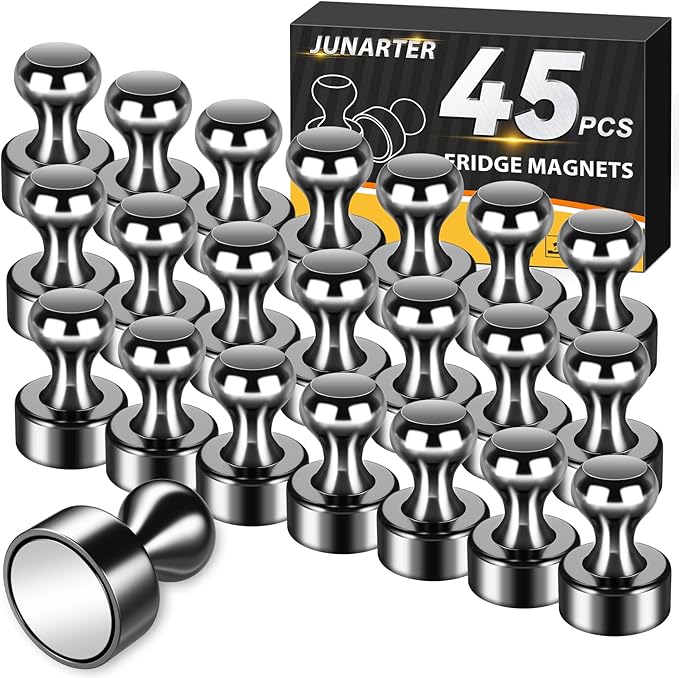 Junarter 45 Pack Magnetic Push Pins, Black Strong Fridge Magnets, Whiteboard Magnets, Refrigerator Magnets Strong, Dry Erase Board Magnets for Fridge, Whiteboard, Office, Classroom, Kitchen, Map