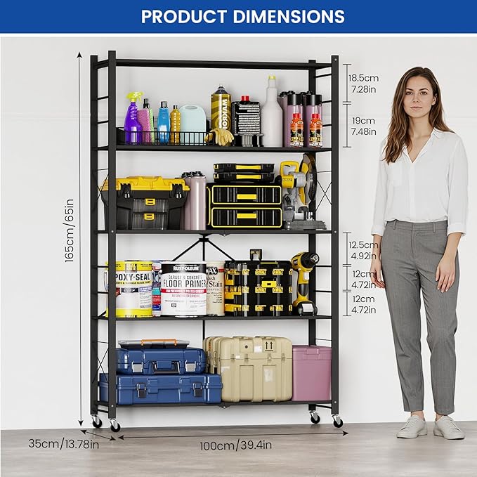 ALANNG 40" W Foldable 5-Tier Storage Shelves with Wheels, Adjustable & Removable Metal Rack, Heavy Duty Rolling Organizer for Kitchen, Garage, Closet, Pantry, and Office (Black,3 Pack)