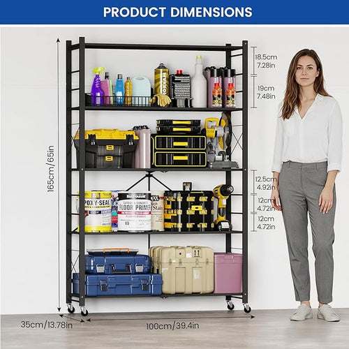 ALANNG 40" W Foldable 5-Tier Storage Shelves with Wheels, Adjustable & Removable Metal Rack, Heavy Duty Rolling Organizer for Kitchen, Garage, Closet, Pantry, and Office (Black,3 Pack)