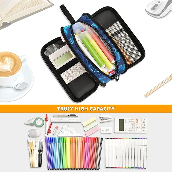 BOENLE Custom Joystick Gamepad Blue Flame Pencil Case Box Boys Girls Personalized Name Large Pencil Pouch Stationery Pen Bag Organizer for Kids Adults School Office