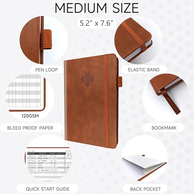 KUMEER Check Register – Elegant Check Registers for Personal Checkbook with Check & Transaction Registers, Hardcover Checkbook Log 5.2x7.6" (Brown)