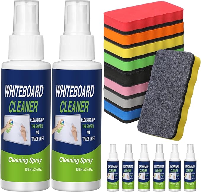 Heigble 8 Pack Whiteboard Cleaner 3.4 fl oz Whiteboard Cleaning Spray Dry Erase Board Liquid Cleaner with 8 Pack Magnetic Chalkboard Board Erasers White Board Eraser for Classrooms, Home, Office