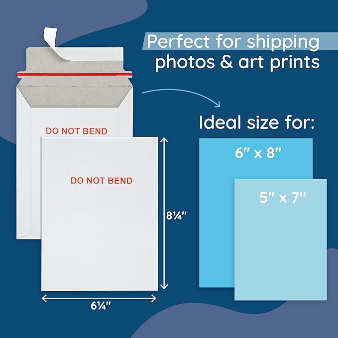 Blue Summit 50 Pack Rigid Mailers 6x8, Cardboard Envelopes, Do Not Bend Photo Mailers 6x8, 6.25x8.25 Cardboard Envelopes for cards, For Paper Document, Pictures, and Magazine, Super thick 450gsm Paper