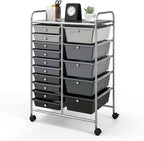 GLACER 15 Drawers Rolling Cart, Storage Cart with w/Removable Drawers & Steel Frame, Multipurpose Organizer Cart w/Sleek Handle, Utility Cart on Lockable Wheels for Home, School, Office (Grey)
