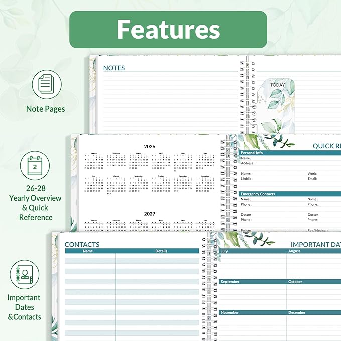 SUNEE 2026 Weekly and Monthly Planner - from January 2026 - December 2026, Daily Agenda Planner with Monthly Tab, Flexible Cover, Note Pages, Pockets, Bookmark, Spiral Binding, Eucalyptus, 8.5"x11"