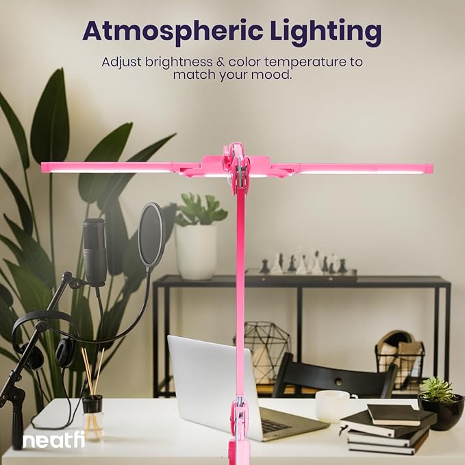 Neatfi LED Desk Lamp, Dimmable Desk Light with 360 SMD LEDs, 30W, CRI 95, Adjustable Color Temperature, Task Lamp for Home, Office, and Workbench (CCT, Pink, 41 Inches)