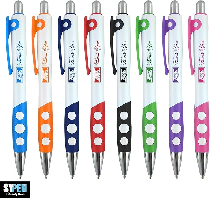 Personalized Ballpoint Pens With Custom Logo/ Text-350 Pack Bulk-for Businesses, Parties, & Events, Custom Printed, White Barrel with Matching Colored Clip and Grip, Click Pens, Black Ink, Assorted