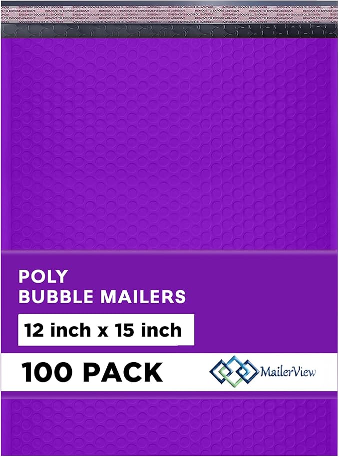 Purple Large Poly Bubble Mailers 12x15 inch | Self Seal Padded Envelopes Cushioned Bubble Mailer | Usable Size 12x15 | WaterProof | Lightweight mailing Shipping Bags | 100 Pack Bulk