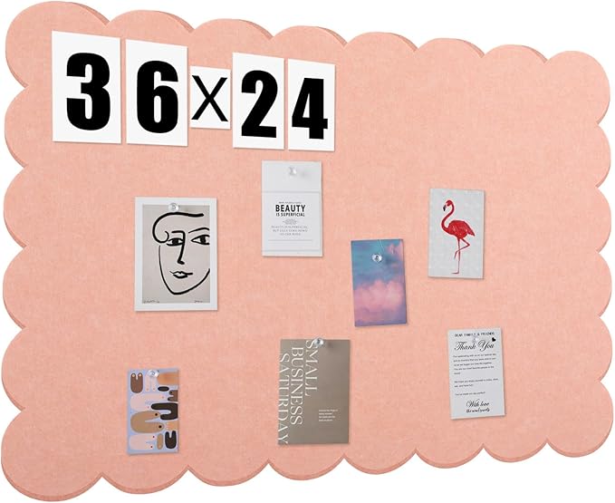Mooliwe Scalloped Felt Bulletin Board 36 x 24 Inches Foldable Light Pink Pin Cork Board Alternative for Wall, 3' x 2' Trifold Picture Vision Self Adhesive Bulletin Decorative