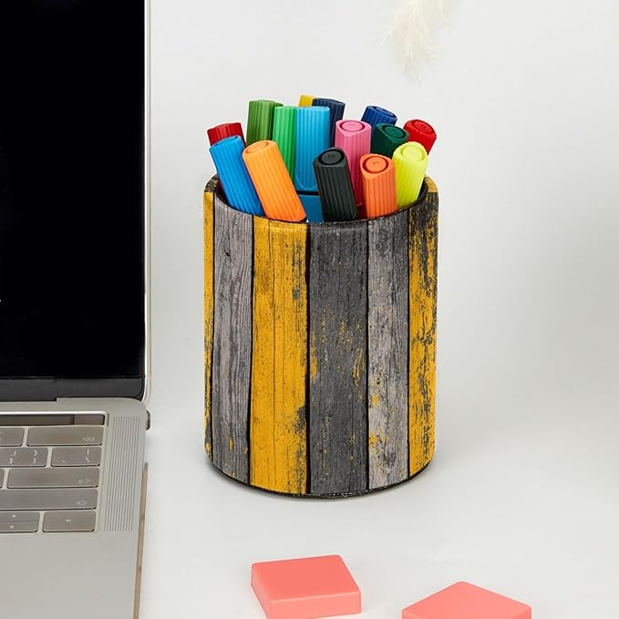 Leather Pen Holder for Desk Yellow Grey Gradient Wood Planks Pattern Pencil Cup Desktop Organizer Makeup Brush Holders Office Supplies for Home, Kids & School