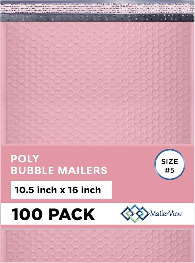 Light Pink 10.5x16 Inch Large Poly Bubble Mailers #5 | Padded Envelopes with Self Seal | Air Lined Cushioned Bubble Mailer | Usable Size 10.5x15 | 100 Pack Bulk | Lightweight shipping Bags