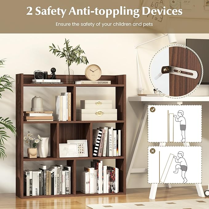 Giantex 7 Cube Bookshelf of 2, Free-Standing Wooden Bookcase, 4 Tier Home Display Shelf, Horizontal Storage Unit w/Anti-Toppling Devices, Open-Back Display Rack for Study, Living Room, Walnut