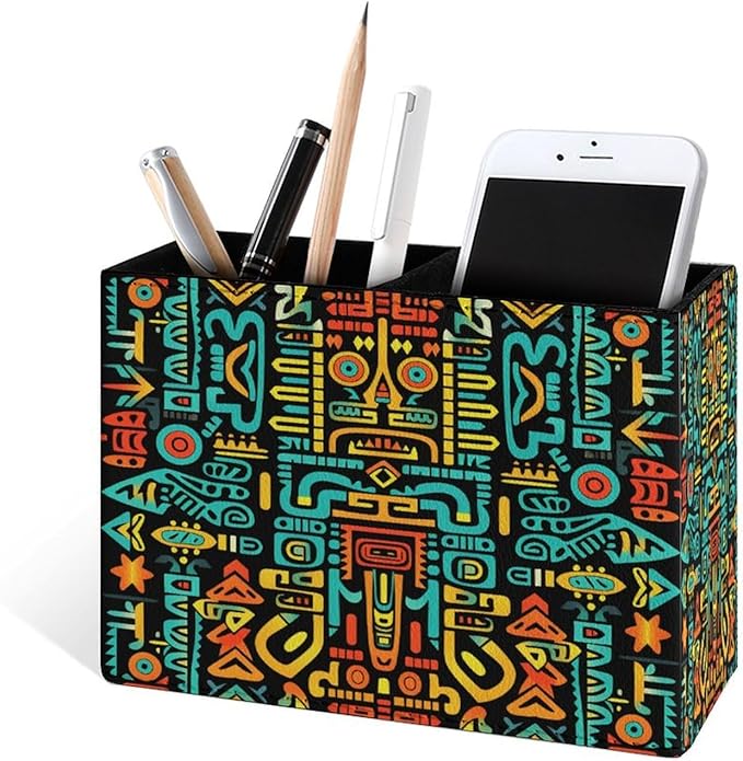 Famame Aztec Colorful Pattern Pencil Holder for Desk, Leather Desktop Container Pen Cup Storage Study Table Pen Organizer Makeup Brush Holder for Classroom Office Home