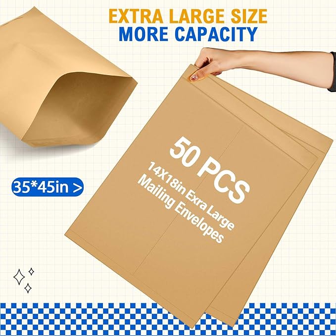 Motipuns 50 Pcs 14'' x 18'' Extra Large Mailing Envelopes 32lb with Gummed Flaps, Catalog Jumbo Craft Envelopes for Mailing, Storage and Organizing Documents Office Supplies(Kraft)