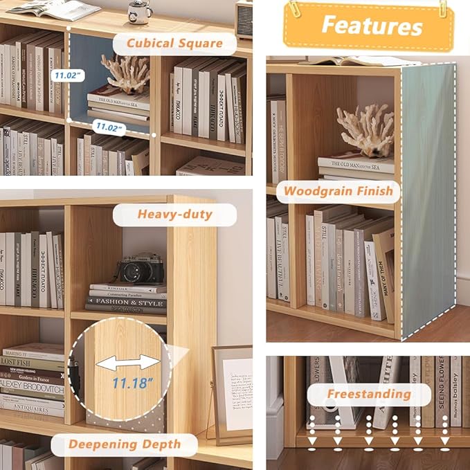 NELYE 4 Cube Organizer Bookcase - Fabric Storage Bins Container, Open Shelf Simple Compartments Bookshelf, Oak