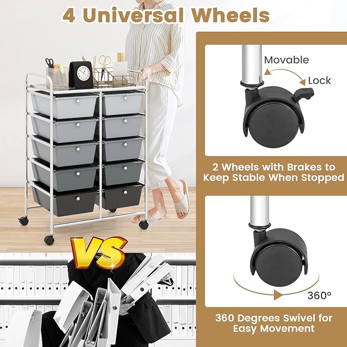 HAPPYGRILL 10-Drawer Rolling Storage Cart, Storage Organizer Cart with Lockable Wheels, Beauty Salon Movable Utility Cart for School, Office, Home, (Black Gradient)
