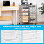 DORTALA 15-Drawer Rolling Storage Cart with Drawers, Rolling Utility Cart w/Removable Drawers & Universal Wheels, Tools Scrapbook Paper Organizer for School, Office, Home, Classroom (Clear)
