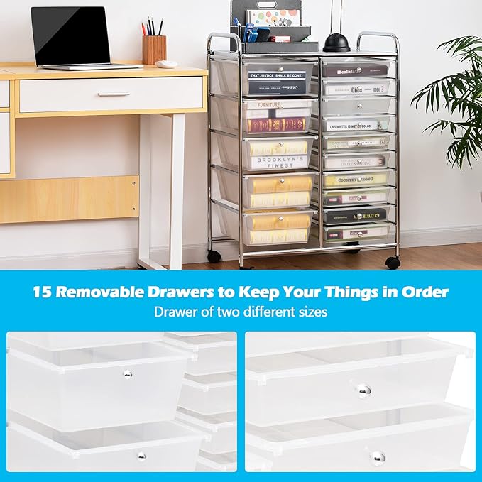 DORTALA 15-Drawer Rolling Storage Cart with Drawers, Rolling Utility Cart w/Removable Drawers & Universal Wheels, Tools Scrapbook Paper Organizer for School, Office, Home, Classroom (Clear)