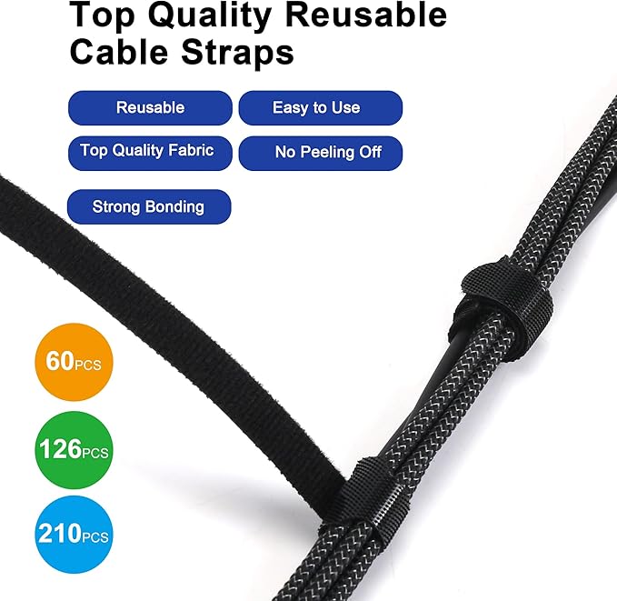 Nettbe Reusable Cable Ties, 126 PCS 8 Inches Adjustable Cord Straps Wire Organizer Cord Wrap and Hook Loop Cable Management