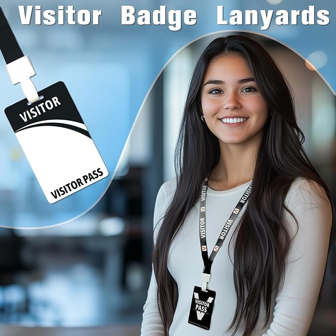 Visitor Badge Lanyards Volunteer Badge Holder with Clips (25 pcs) - Reusable Temporary ID Pass for Office, School, Events PVC Plastic Security Cards for Exhibition Guest by OSTENBIG (Black)