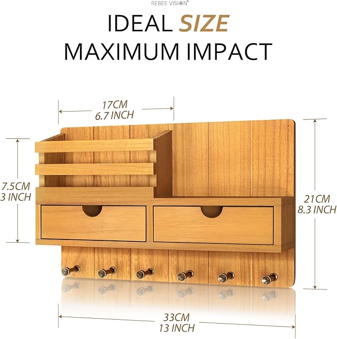 Rebee Vision Modern Farmhouse Key Holder Wall Mount with 2 Drawer Organizer - Mail Holder for Wall with 6 Key Hooks - Ideal for Entryway, Kitchen, and Living Room Decor (Light Brown)