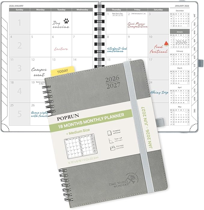 POPRUN Monthly Planner 2026-2027 (Medium 6.5" x 8.5") 18 Months Calendar Book(Jan 2026 - Jun 2027) - 4 Pages per Month with Expense & Notes, Stair-like tabs, Leather Cover, Sunday Start - Grey
