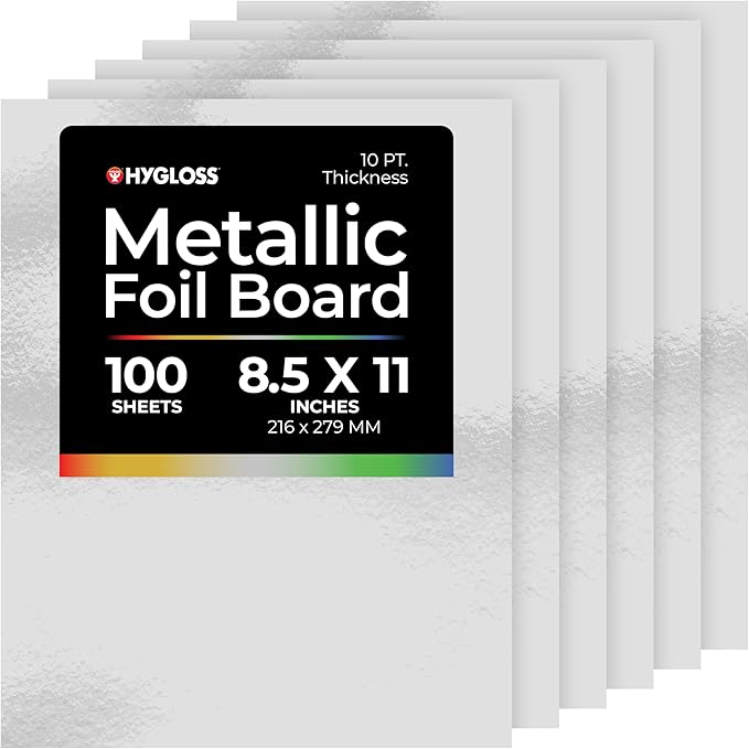 Hygloss Metallic Cardstock Sheets – 100 Shiny Silver Sheets, 8.5” x 11” - Sturdy 10 pt. – Metallic Foil Board Paper for Crafts, Scrapbooking, Posters & Decorations