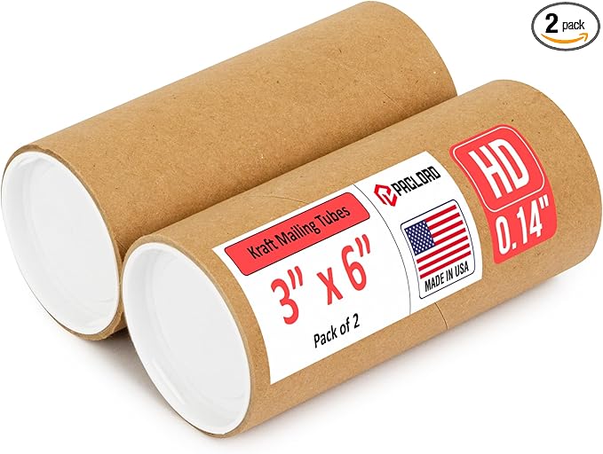 Paclord 3" x 6" Heavy-Duty Reinforced Cardboard Mailing Tube, Pack of 2 Tubes with 4 Caps – Secure USPS Approved – Great for Shipping and Storing of Prints, Artwork, Posters or Documents