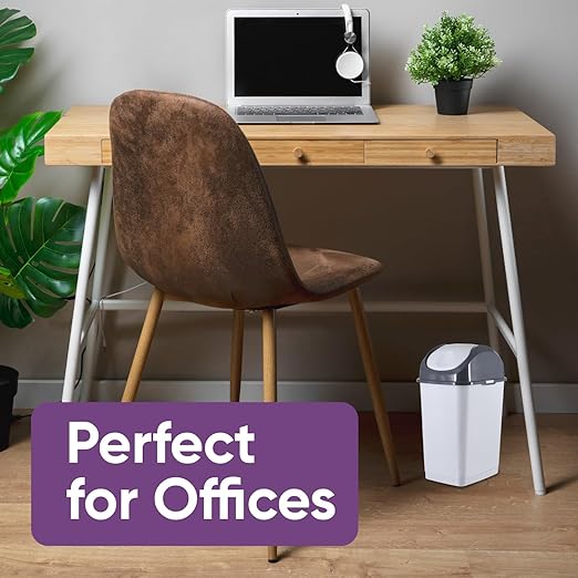 Superio Small 2.5 Gallon Plastic Trash Can with Swing Top Lid, Compact Slim Waste Bin for Under Desk, Office, Bedroom, Bathroom, Dorm Room, 10 Qt. Portable Garbage Can (SmokeWhite/Grey, 2 Pack)