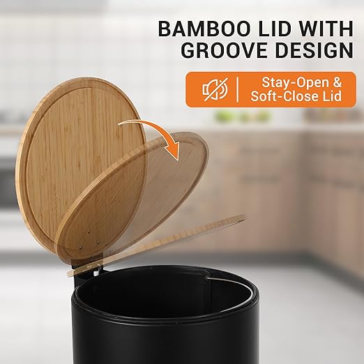 8 Gallon (30L) Step Trash Can with Soft-Close Bamboo Lid – Fingerprint-Resistant Stainless Steel, Removable Inner Bucket, Slim Round Indoor Garbage Bin for Kitchen, Bathroom, Office – Black